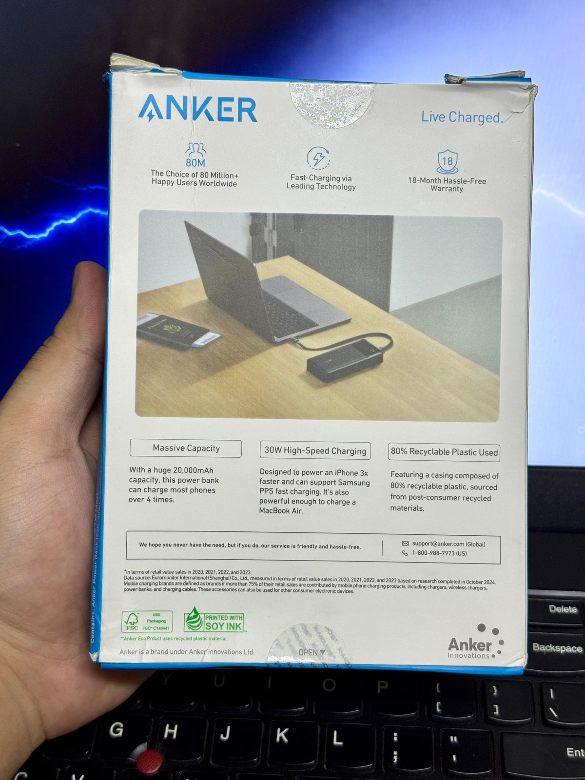 Anker Power Bank Powercore 20000mAh 30W Portable Charger with USB C Cable Lanyard A1384