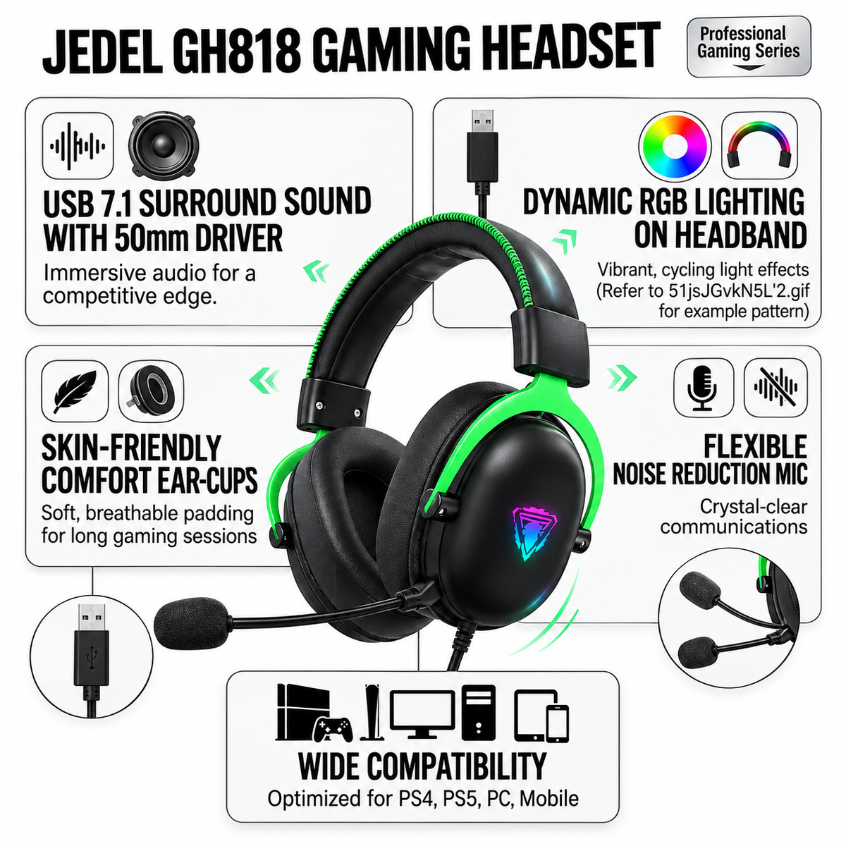 JEDEL GH818 RGB Gaming Headset with USB 7.1 Surround Sound
